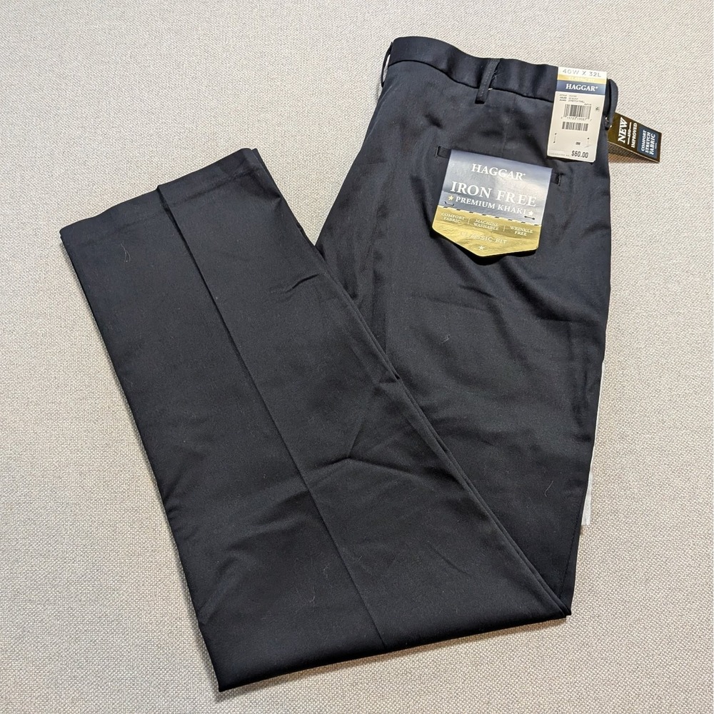 Haggar Premium Khaki Pants Men's 40x32 Black Classic Fit Iron Free Stretch Twill